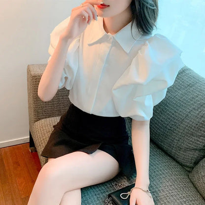 liwuka Black Lantern Short Sleeve Blouse Camisas Wild Casual Blusas Mujer De Moda 2024 New White Shirts for Women Clothes Crop Tops