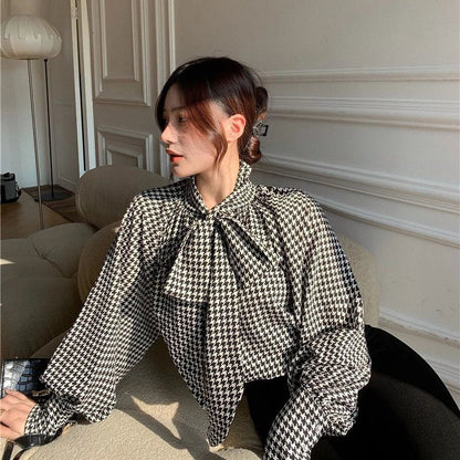 liwuka Houndstooth Bow Chiffon Shirt Women Vintage Elegant Print Bandage Lantern Sleeve Blouses Office Lady Korean Thin Loose Top