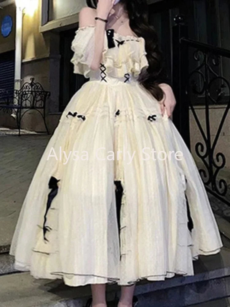 liwuka Elegant Sweet Princess Lolita Dress Women Japanese Slash Neck Short Sleeve Ball Gown Dress Female Evening Party Y2k Fairy Dress