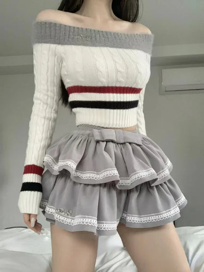 liwuka Autumn Vintage Preppy Style Knit 2 Piece Set Women Casual Off Shoulder Slim Sweater Tops + Bow Mini Skirt Sweet Fashion Suit New