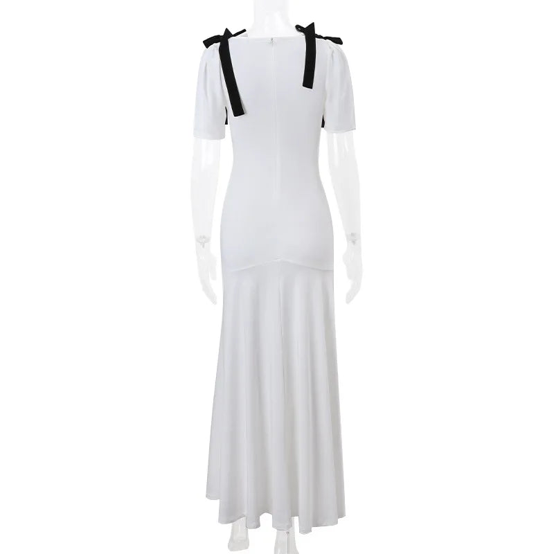 liwuka Elegant White Bow Maxi Dress for Women Fashion Puff Short Sleeve Slim Party Dresses 2024 Summer Holidays Party Draped Dress