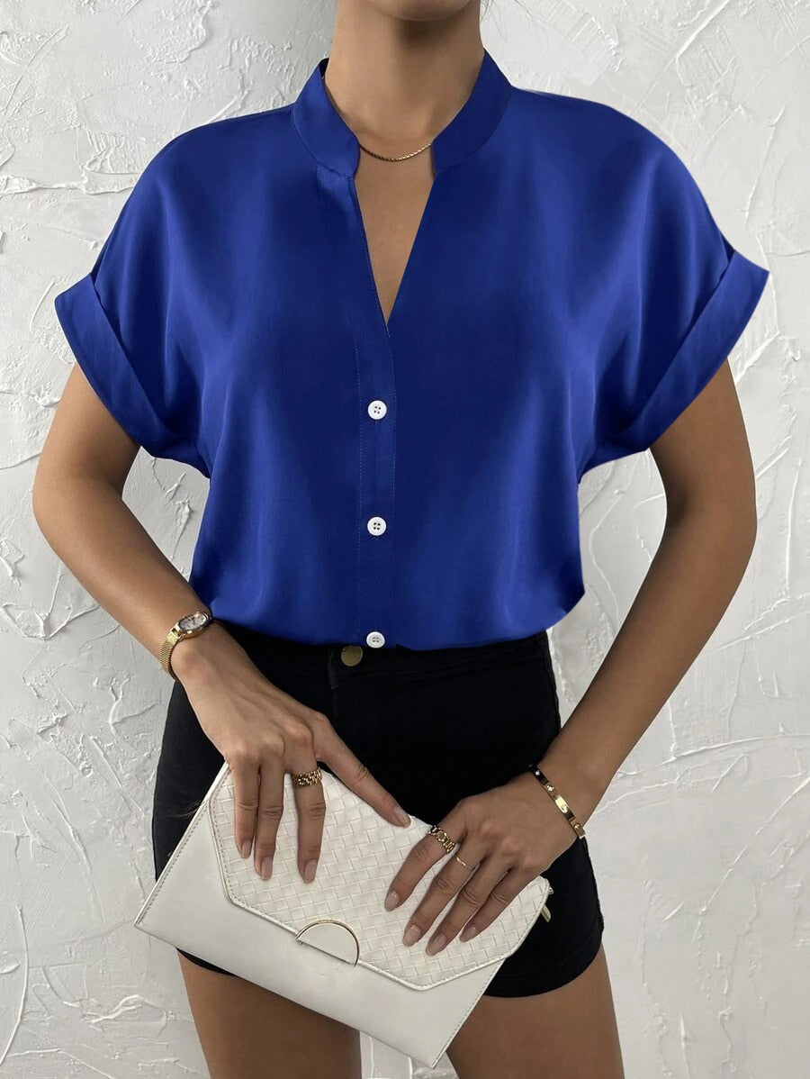 liwuka Casual V Neck Solid Shirt Blouse Office Lady Spring Summer Fashion Elegant Short Sleeve Slim Shirts For Women White Tops