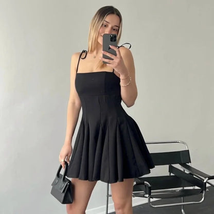 liwuka Folds Mini Suspender Dress For Women Lace Up Sleeveless Birthday Club Party Dress Solid Patchwork Female Elegant Summer