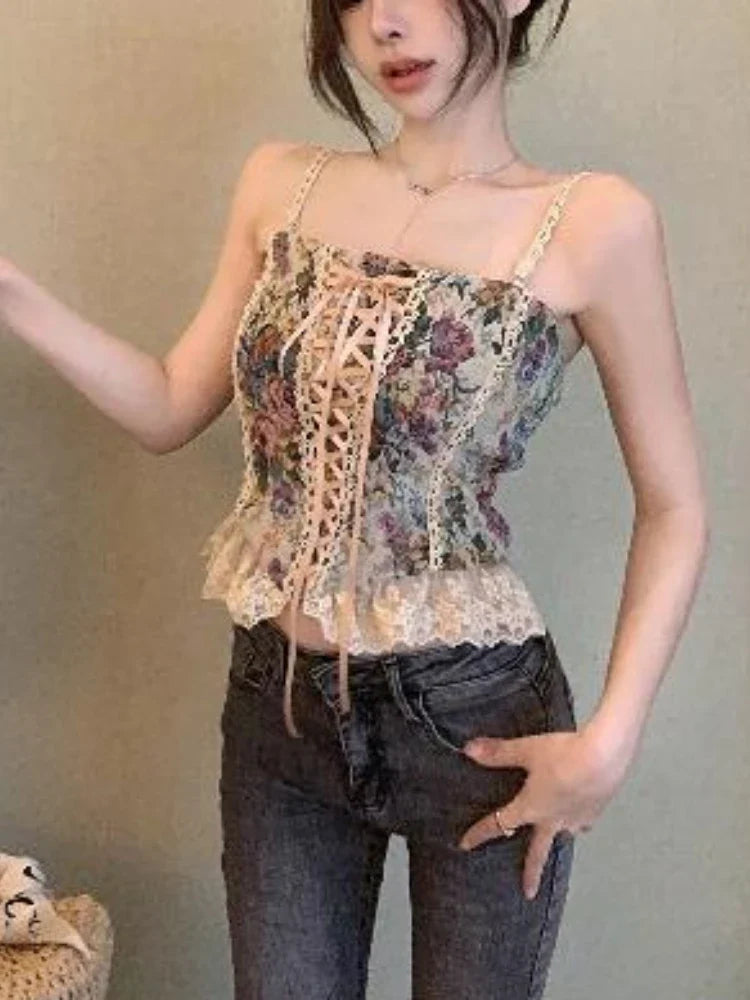 liwuka France Vintage Print Sleeveless Tops Women Lace Elegant Party Princess Strap Top Female Korean Style Sweet Clothing Summer