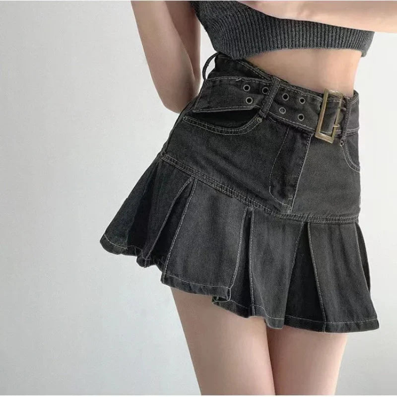 liwuka Denim Pleated Mini Skirt Vintage Sexy High Waist A-line Belt Women Embroidery Jean Short Skirt Summer Japanese Y2k