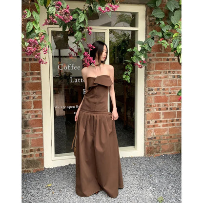 liwuka NEW Brown Elegant Party Dresses Chest Wrapping Solid Women's Clothing Dress Lace Sexy Fashion Retro Summer Long Ball Dress