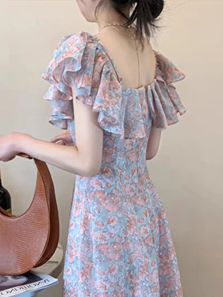 liwuka Floral Dress Women Off Shoulder Vintage French Elegant Sexy Spliced Lady Summer Gentle Slim Temper Платье Женское Sweet Designer