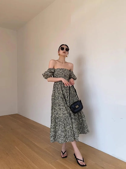 liwuka Retro Floral Dress For Women With Summer Square Neckline And Bubble Sleeves, Elegant And Slim Fitting Long Skirt