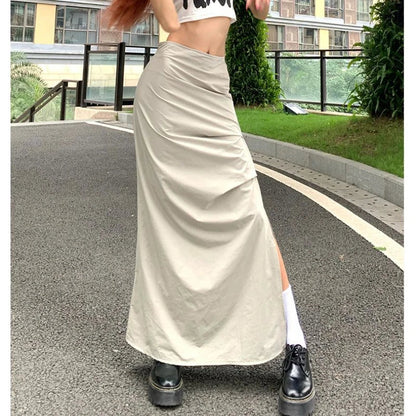 liwuka Vintage Cargo Skirt Women Ruffle Y2k Fashion Slit Skirts Streetwear Casual Solid Summer Long Skirt Aesthetics A-line