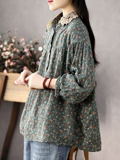 liwuka Women Long Sleeve Casual Shirts New Spring Vintage Style Lace Collar Floral Print Loose Female Cotton Tops Shirt D147