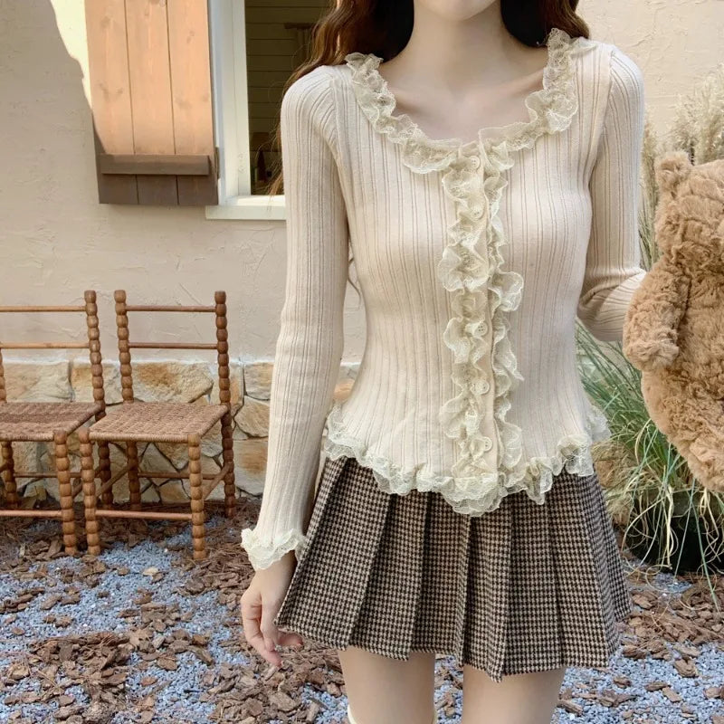 liwuka Japanese Sweet Lolita Knitted Cardigan Women Autumn Winter Vintage Elegance Lace Patchwork Long Sleeve Top Female Korean Jumpers