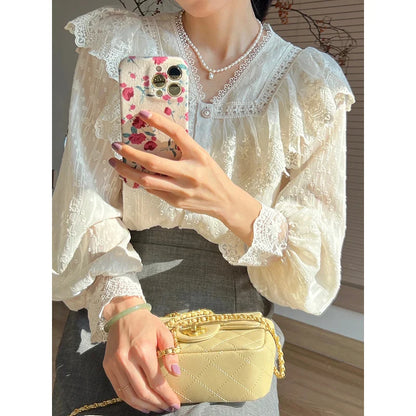 liwuka Vintage French Women Shirts Lace Lolita Elegant Long Sleeve Flounce Blouse High Quality Office Lady New Fashion Chic Female Tops