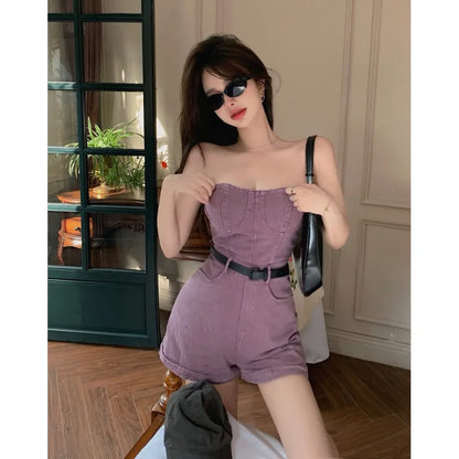 liwuka Hong Kong Style Spicy Girl Strapless Denim Jumpsuit for Women's Spring/summer New Design Feeling Straight Tube Playsuits