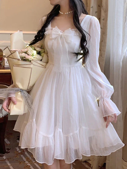 liwuka White Kawaii Dress Women Chiffon Lolita Style Long Sleeve Mini Dresses Bow Fairy Robe Ruffles Patchwork Square Collar