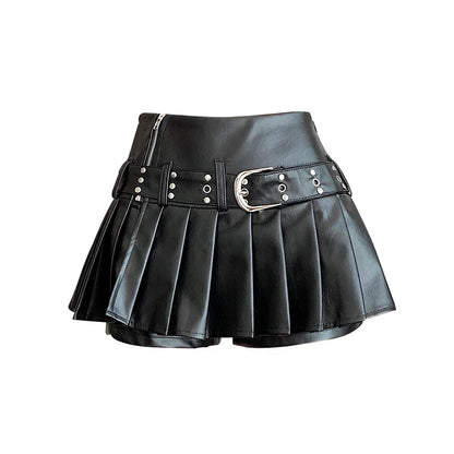 liwuka Women's Black Gothic A-line Pleated Leather Skirt Y2k Mini Shorts Skirts Harajuku Korean Emo Skirt 2000s Vintage Clothes Summer