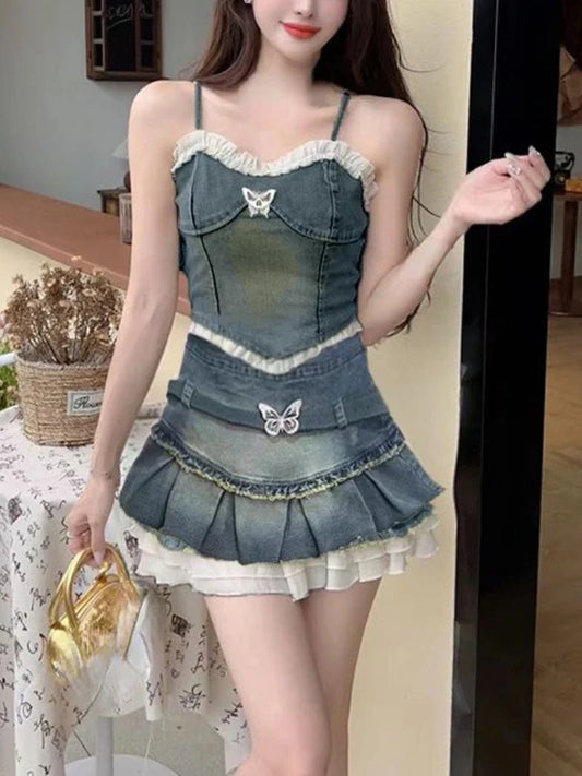 liwuka Summer Sexy Lace Sleeveless Korean Sets Women Retro Bow Casual Aesthetic Y2k Tops + Ruched Slim Elegant Party Mini Skirt 2024