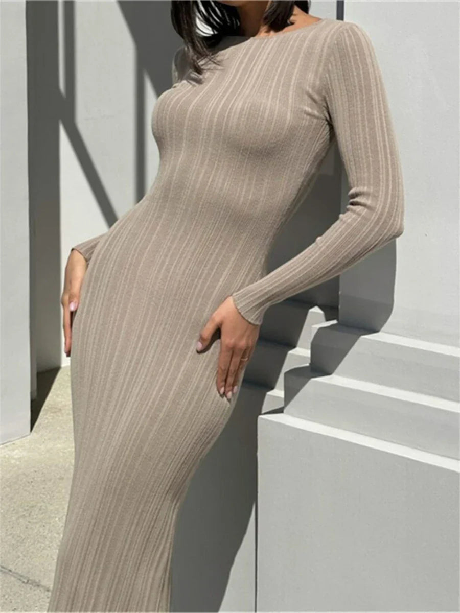 liwuka Fall Casual Knit Ribbed Bodycon Long Dress Simple Style Solid Color Long Sleeve O Neck Wrapped Pencil Dress Street Party