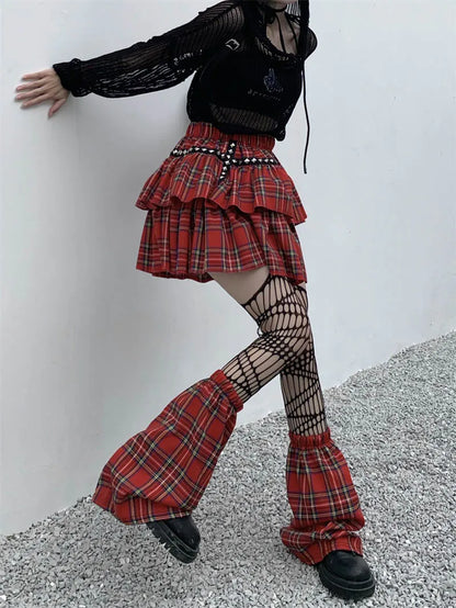 liwuka Women's Red Plaid Skirt Harajuku Y2k 90s 2000s Vintage Skirts Leg Cover 90s Gothic Streetwear Korean A-Line Mini Skirt Clothes