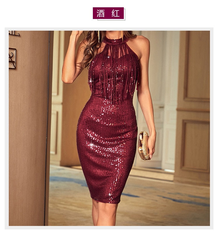 liwuka   Sequin Tassel Sexy Dress Women O-Neck Bodycon Nightclub Party Mini Dress Summer Sparkle Glitter Dresses Vestidos Christmas