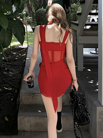 liwuka Sexy Summer Short Dress Women Solid Spaghetti Strap Bodycon Swinging Collar Club Party Dresses Y2K Mesh Patchwork Vestidos New