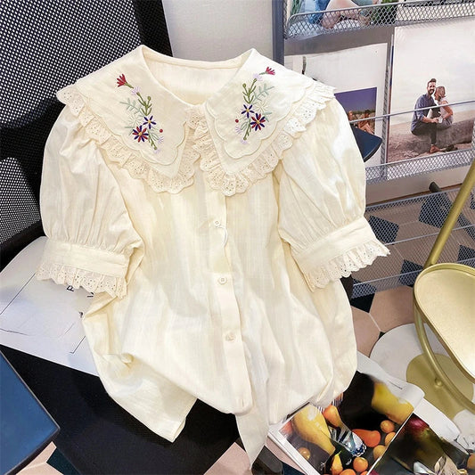 liwuka Women Shirt Peter Pan Collar Floral Embroidery Hollow Out Ruffles Blouses French Casual Fashion Sweet Short Puff Sleeve Tops