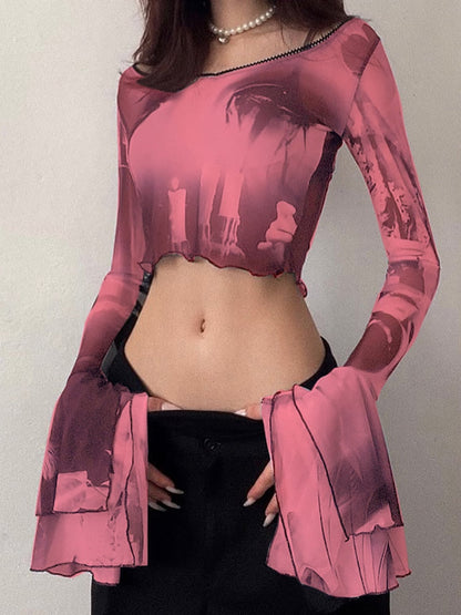 liwuka Punk Aesthetic Print Y2k Mesh Women Crop Tops Gothic Flare Sleeve See Through T-shirts Emo Lettuce Hem Sexy Streetwear