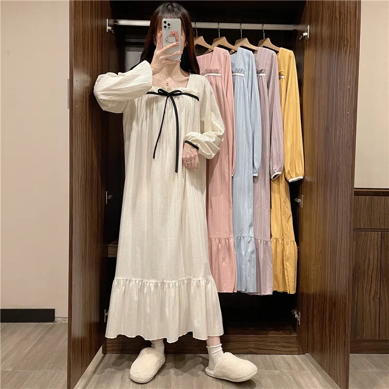 liwuka Long-Sleeved Nightgown Female Spring And Autumn Summer Students Princess Wind Big Size Dress Nightgown Pajamas Homewear