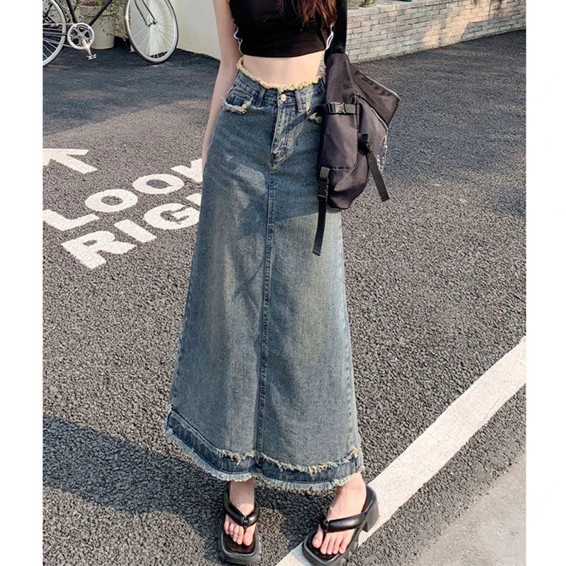 liwuka Summer New High Waist Vintage Ragged Edge Denim Skirt Women's Button Zipper Pockets A-line Slim Fashion Mid Length Denim Skirt