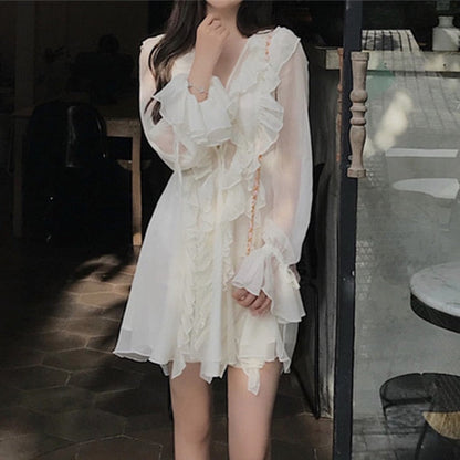 liwuka  Women Summer Fairy V Neck White Dress Mini Female Sweet Ruffles Casual Clothes Boho Short Chiffon Elegant Holiday Beach Dresses