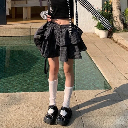 liwuka Ruffle Plaid Mini Skirt Women Kawaii Preppy Style Short Skirts Layered Sweet Cute Korean Fashion Casual Street Skirt