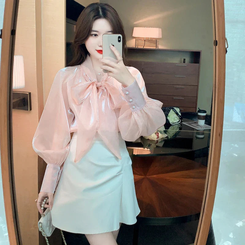 liwuka Korean Style Shirt Female Big Bow Tie Blouse Retro Lantern Long-Sleeved Elegant Blouses Women Spring New Pink Organza Tops