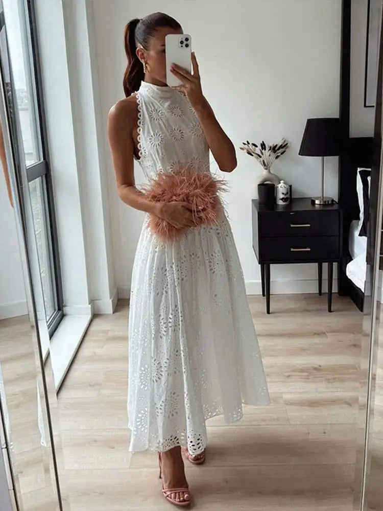 liwuka Elegant Hollow Out Sleeveless White Dress Women Fashion Loose O Neck Midi Dresses 2023 Summer Casual Chic Female Party Vestidos