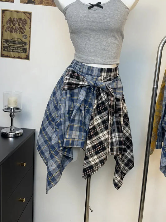 liwuka Summer Women Preppy Harajuku Irregular Mini JK Plaid Pleated Skirt Patchwork Contrast Color Gyaru 2000s Aesthetic Japanese Y2k