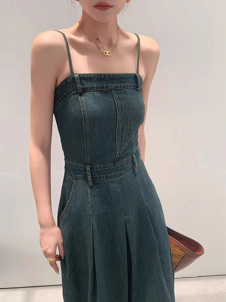 liwuka Deep Blue Denim Camisole Dress For Women'S Summer Retro One Shoulder Elastic Strapless Slim Fitting Temperament Dress