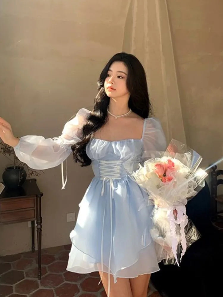 liwuka Sweet Kawaii Mini Dress Vintage Korean Elegant Fashion Party Dress Women Fairy Princess Puff Sleeve Chic Summer Prom Dress