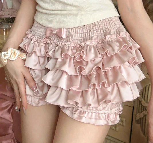 liwuka Japanese Sweet Lolita Style Satin Shorts Women Elegant Kawaii Cake Ruffles High Waist Puff Short Pants Korean Casual Y2k Shorts