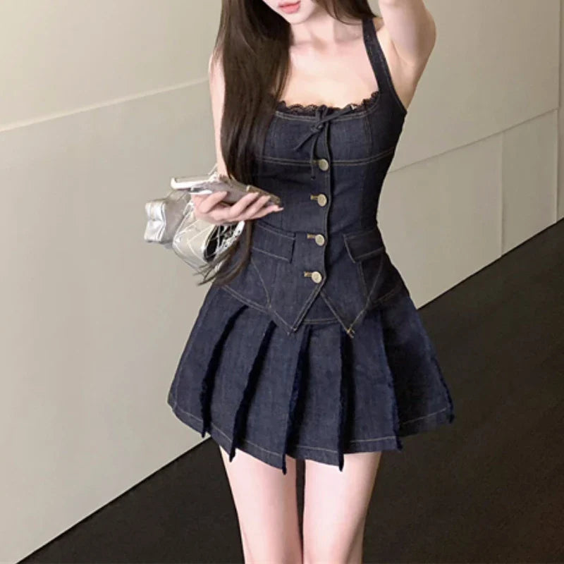 liwuka 2024 Summer New High Street Casual Pleated Denim A-line Skirt Women + Lace Splicing Backless Sexy Camisole Two-piece Suit