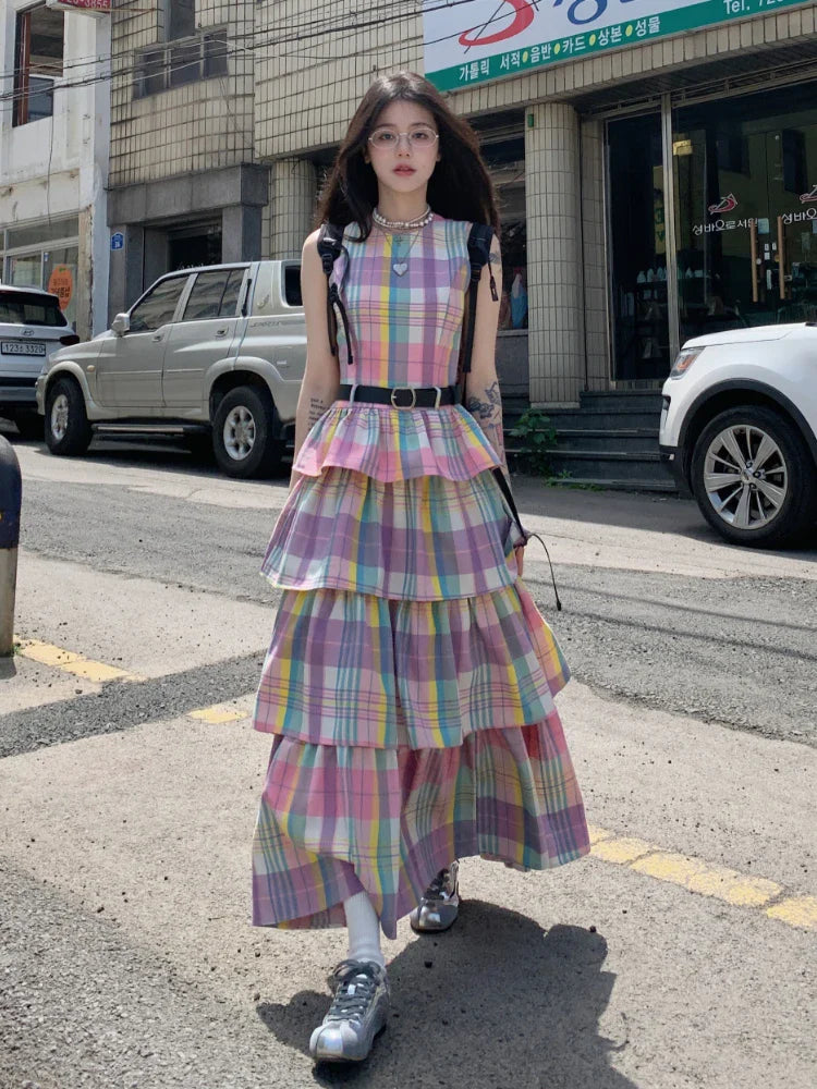 liwuka Summer Japanese Kawaii Plaid Dress Women Casual Sleeveless Even Party Y2k Korean Fashion Lolita Style Vintage Cake Dress