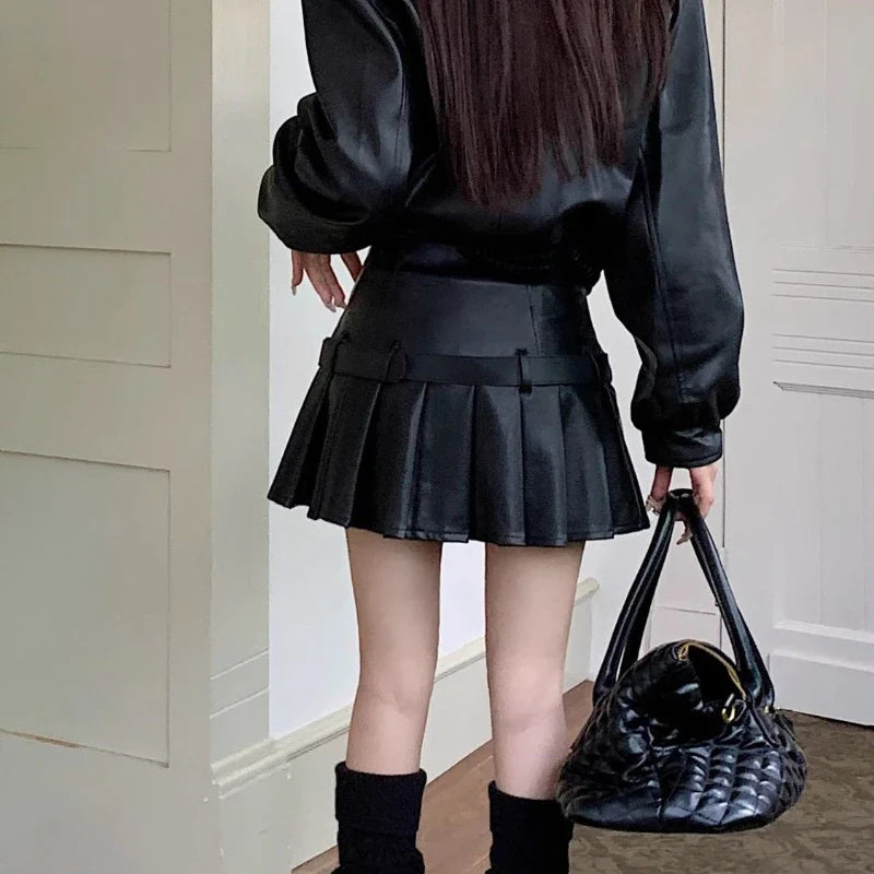 liwuka Vintage Pleated Leather Skirt Women Y2k Gothic Mini Skirts Punk Korean Style Retro Solid Grunge Short Skirts Streetwear