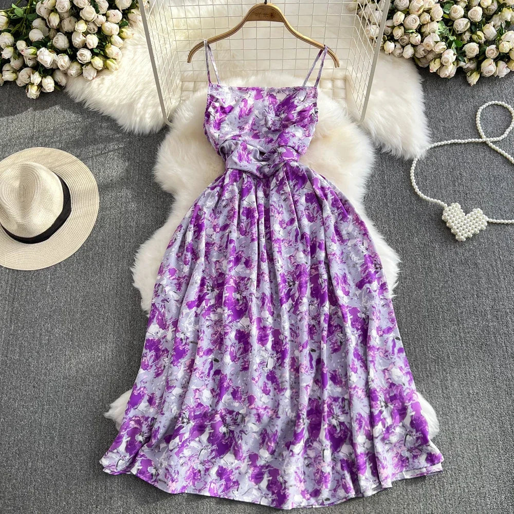 liwuka 2024 New Summer Romantic Floral Print Long Dress Vintage Rose Print High Waist Spaghetti Strap Summer Dress Lady Beach Sundress