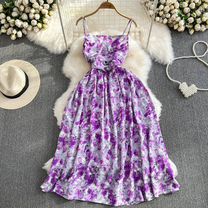 liwuka 2024 New Summer Romantic Floral Print Long Dress Vintage Rose Print High Waist Spaghetti Strap Summer Dress Lady Beach Sundress