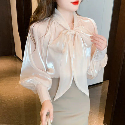 liwuka Korean Style Shirt Female Big Bow Tie Blouse Retro Lantern Long-Sleeved Elegant Blouses Women Spring New Pink Organza Tops