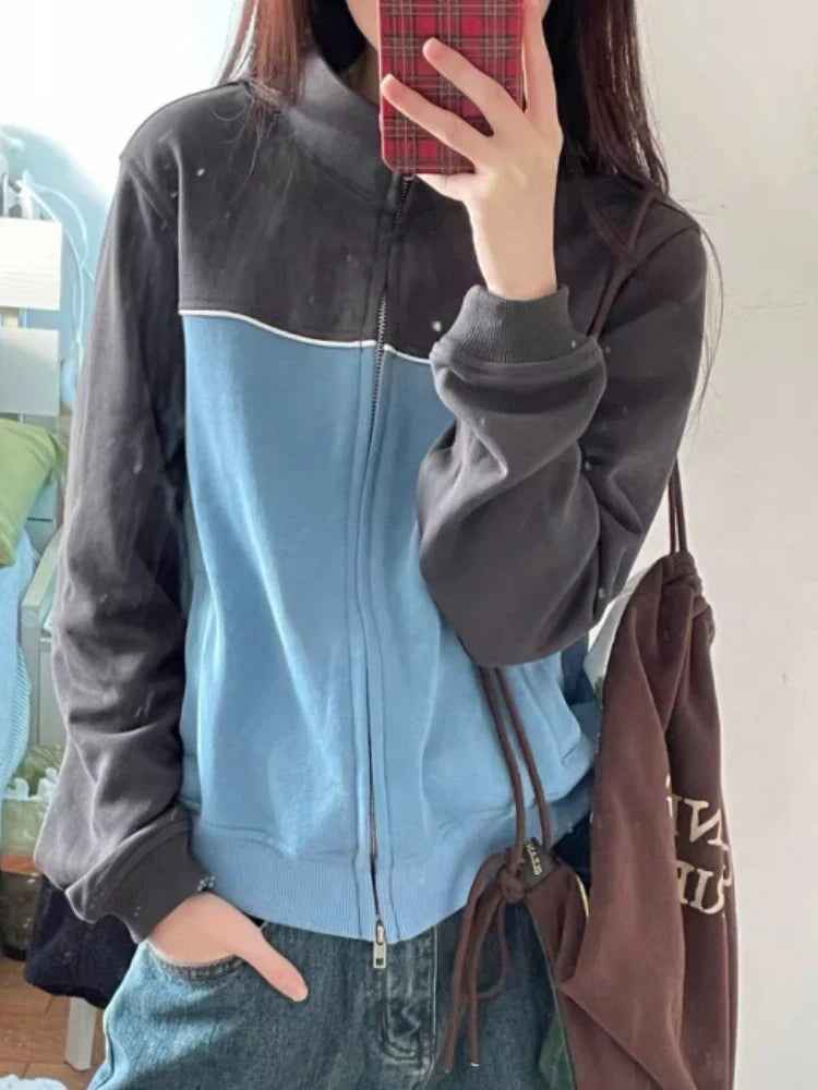 liwuka Korean Hippie Blue Zip Up Sweatshirt Women Harajuku Kpop Oversize Hoodie Female Tracksuit  Streetwear Patchwork Tops