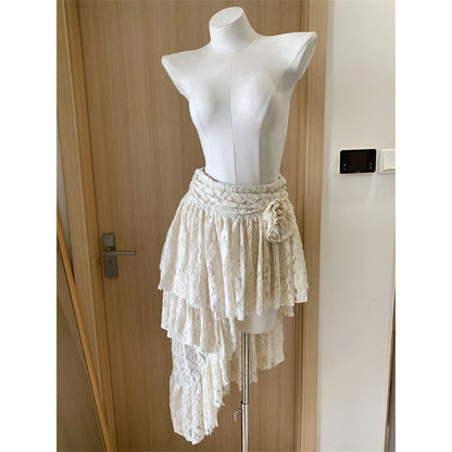 liwuka Women's Off White A-line Lace Skirt Vintage Y2k Irregular Mini Skirt Harajuku Korean Fashion Elegant Skirt 2000s Clothes Summer