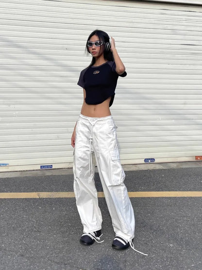 liwuka American White Spicy Girl Workwear Pants, Women'S Design Sense, Drawstring Pockets, Loose Fitting Wide Leg Casual Pants