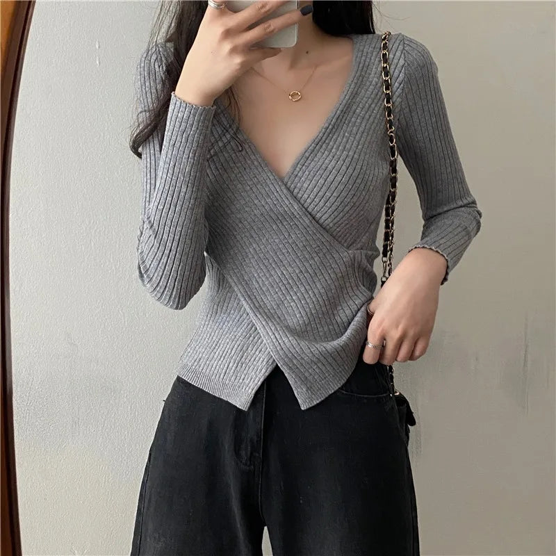 liwuka Autumn Winter Knitwear Tops Fashion Female Long Sleeve Skinny Elastic Casual V-neck Knitted Shirts Women Pullover Sweaters