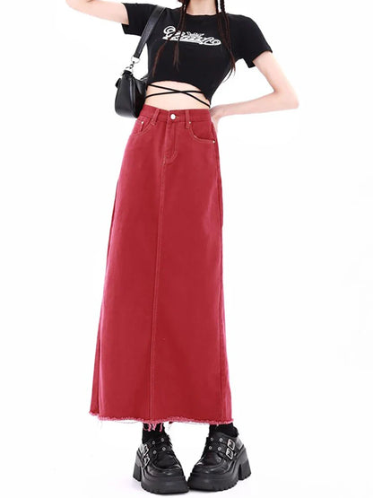 liwuka Women's Red Gothic A-line Denim Skirt with Slit Vintage Y2k Long Cowboy Skirts Harajuku Korean Jean Skirt 2000s Clothes Summer