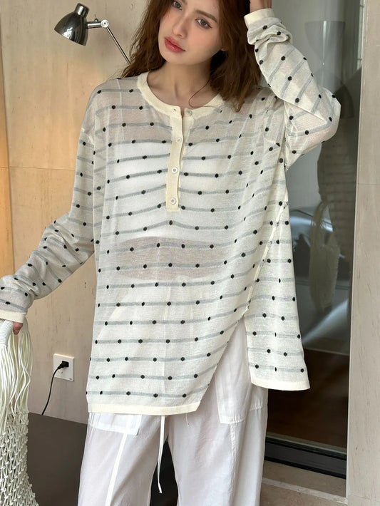 liwuka Summer women's casual polka dot round neck long sleeved loose perspective T-shirt