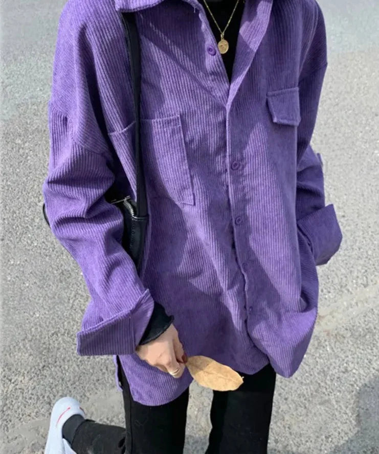 liwuka Corduroy Purple Top Button Up Women Shirts Long Sleeve Turn Down Collar Oversized Loose Outerwear Spring Blouse