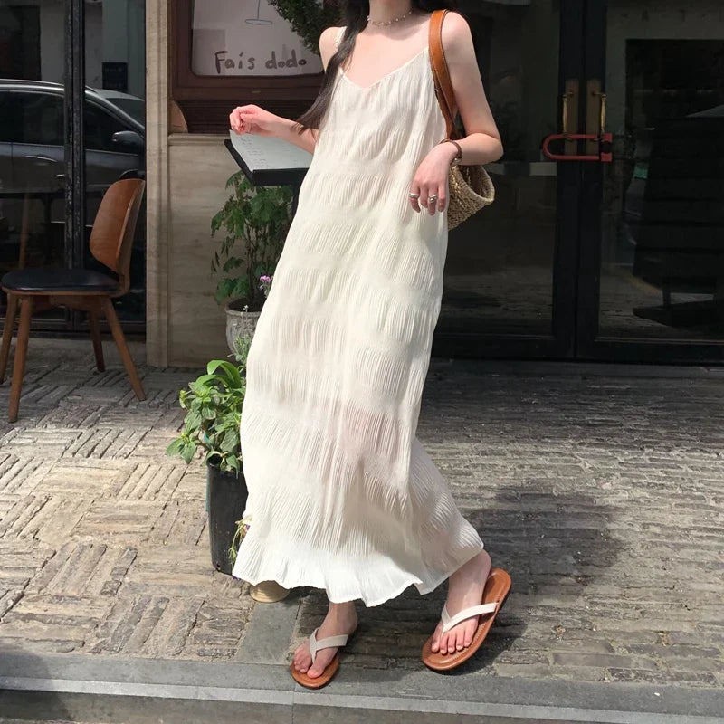 liwuka 2024 New Arrival Summer Beach Style Women Casual Loose Sleeveless V-neck All-matched Folds Design Ankle-length Dresses V905